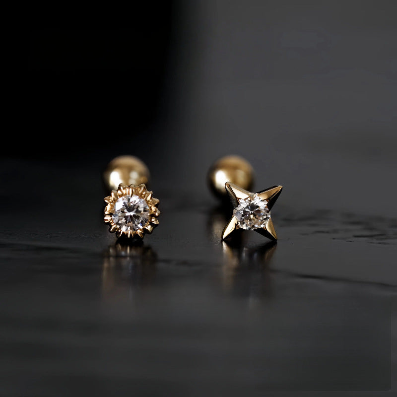 S925 Sterling Silver 18K Gold Plated Sun and Star Single Diamond Screw Bead Ear Studs for Women