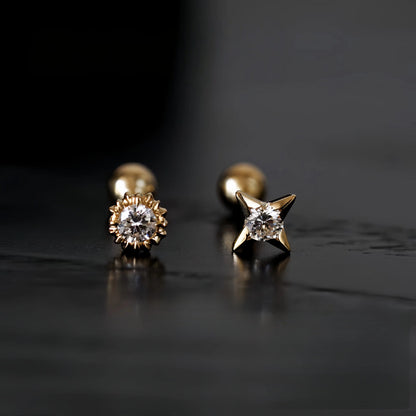 S925 Sterling Silver 18K Gold Plated Sun and Star Single Diamond Screw Bead Ear Studs for Women