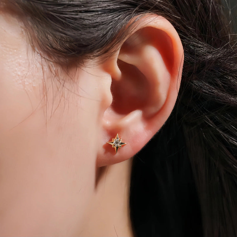 S925 Sterling Silver 18K Gold Plated Sun and Star Single Diamond Screw Bead Ear Studs for Women