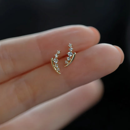 S925 Sterling Silver Plated 14K Gold Wheat Spike Gradient Diamond Curved Earrings