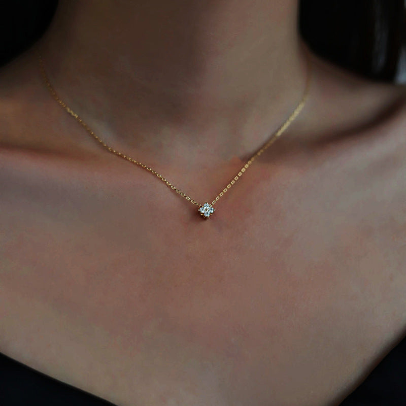 S925 Sterling Silver Plated 14K Zirconia Diamond Gold Classic Four-leaf Clover Collarbone Necklace