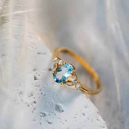 S925 Sterling Silver Plated 18K Gold Aquamarine Diamond Ring
