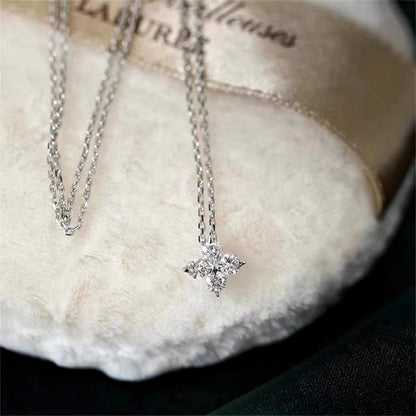S925 Sterling Silver Plated 14K Zirconia Diamond Gold Classic Four-leaf Clover Collarbone Necklace