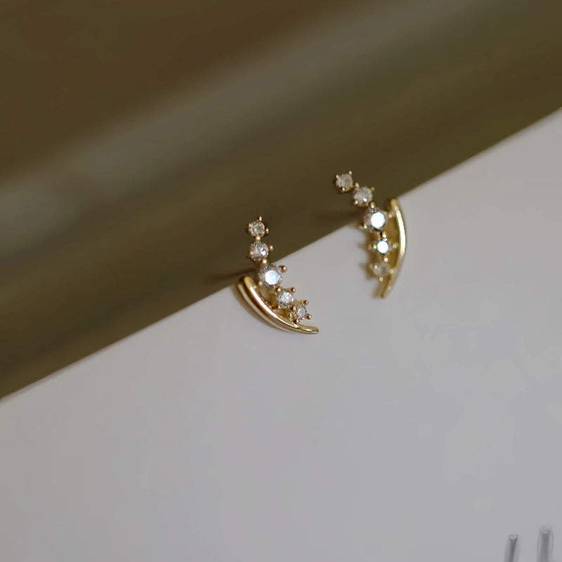 S925 Sterling Silver Plated 14K Gold Wheat Spike Gradient Diamond Curved Earrings