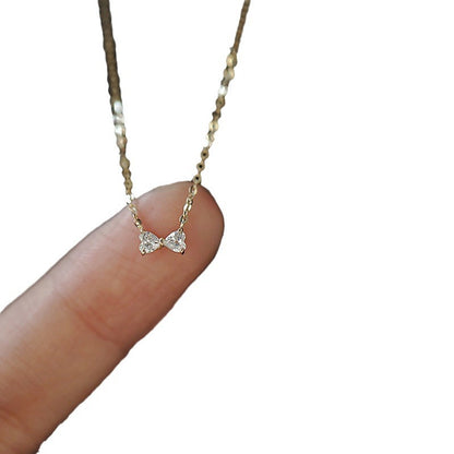 S925 Sterling Silver Plated 14K Gold Necklace Mini Love Heart Bow Collarbone Chain