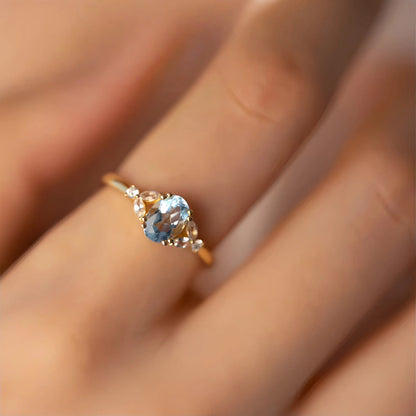 S925 Sterling Silver Plated 18K Gold Aquamarine Diamond Ring