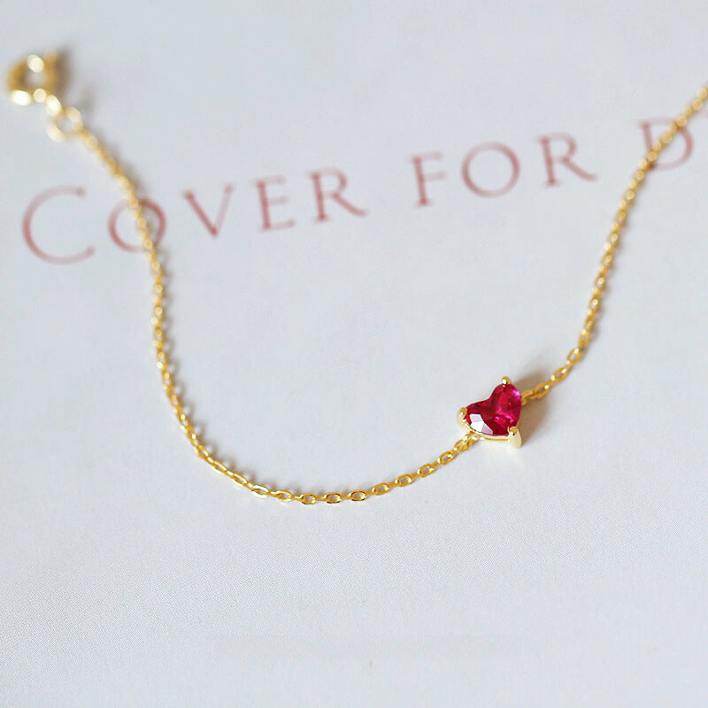 S925 Sterling Silver Plated 14K Gold Small Red Heart Bracelet