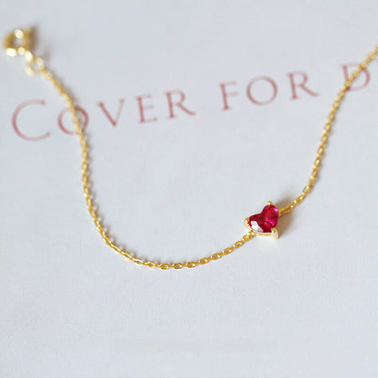 S925 Sterling Silver Plated 14K Gold Small Red Heart Bracelet