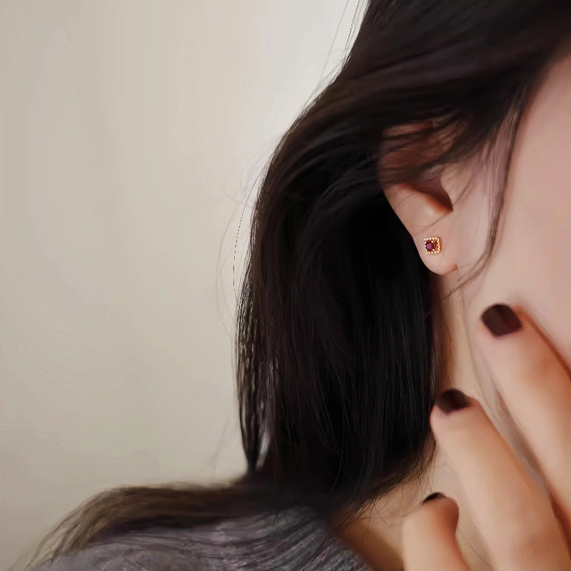 S925 Sterling Silver Plated 14K Gold Micro Inlaid Small Zirconia Ruby Stud Earrings