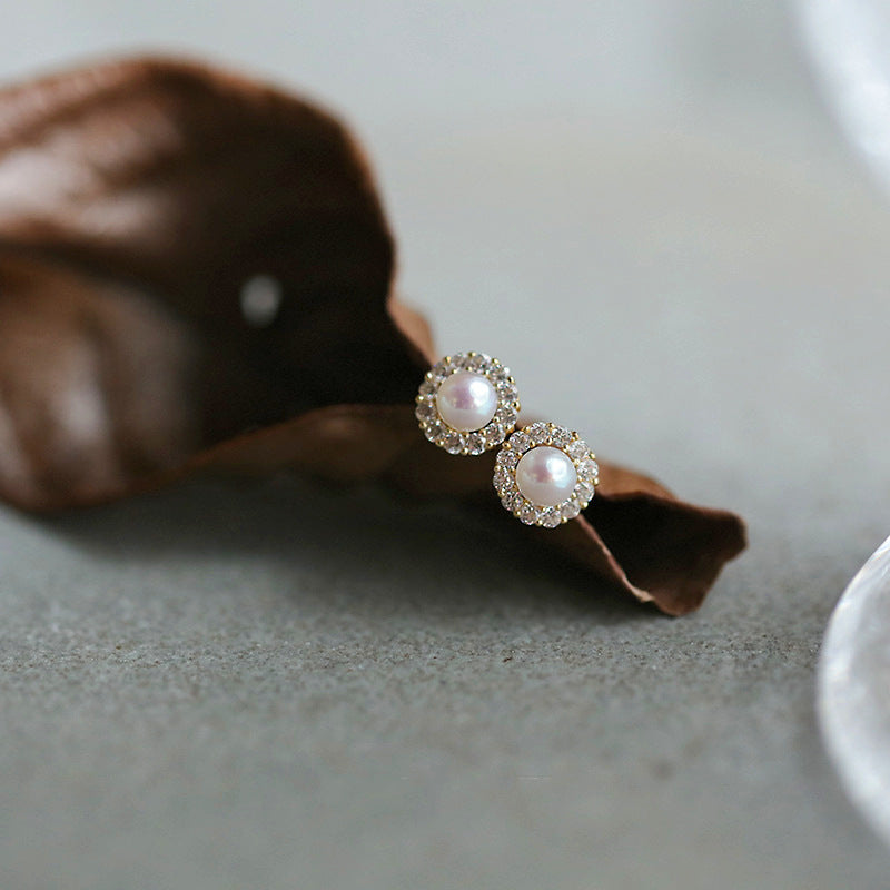 S925 Silver Plated 14k Gold Pearl Shell Zircon Sterling Silver Earrings