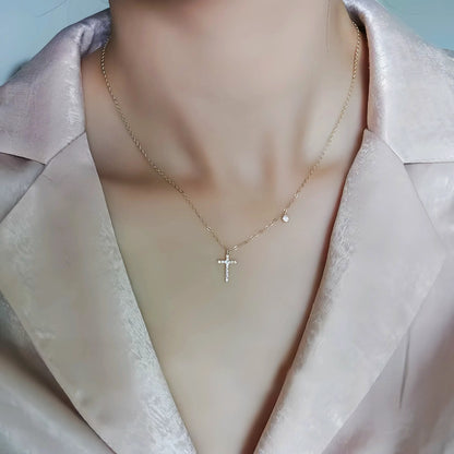 S925 Sterling Silver Plated 14K Gold Full Diamond Cross Collarbone Necklace