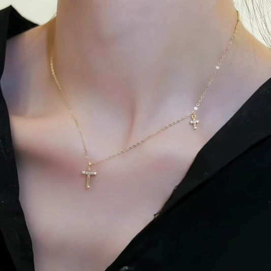S925 Sterling Silver 14K Gold Plated Full Diamond Double Cross Necklace