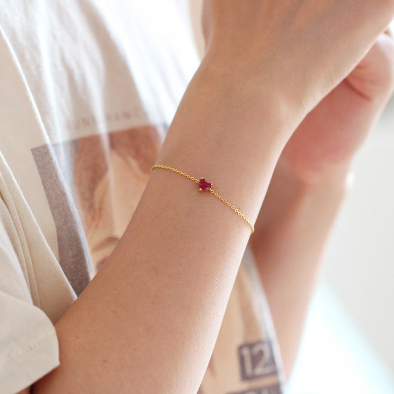S925 Sterling Silver Plated 14K Gold Small Red Heart Bracelet