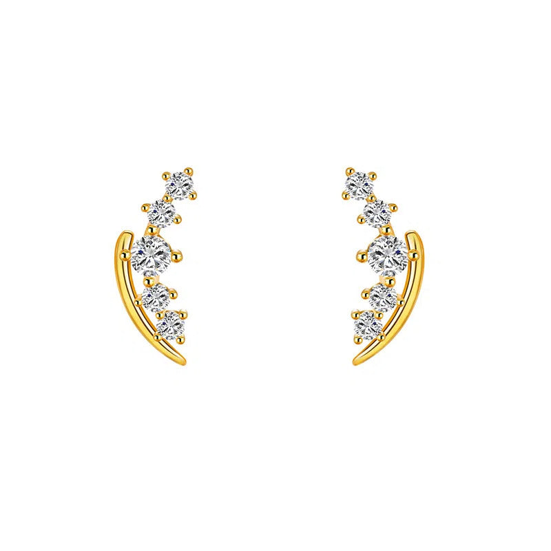 S925 Sterling Silver Plated 14K Gold Wheat Spike Gradient Diamond Curved Earrings