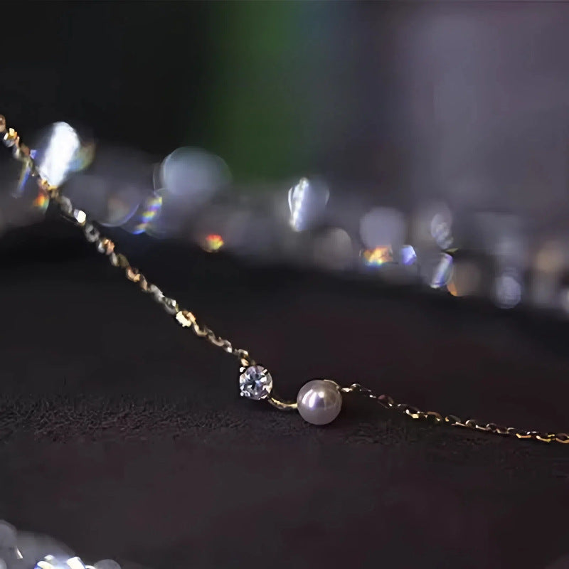 S925 Sterling Silver Plated 14K Gold Pearl Shell Bead Single Diamond Necklace