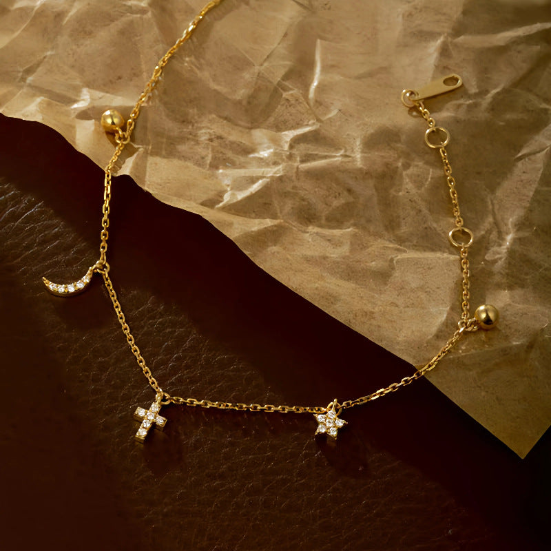 S925 Sterling Silver Plated 16K Gold Star Moon Bracelet for Women, Niche Design, Ins Style, Star Moon Cross Personality Jewelry