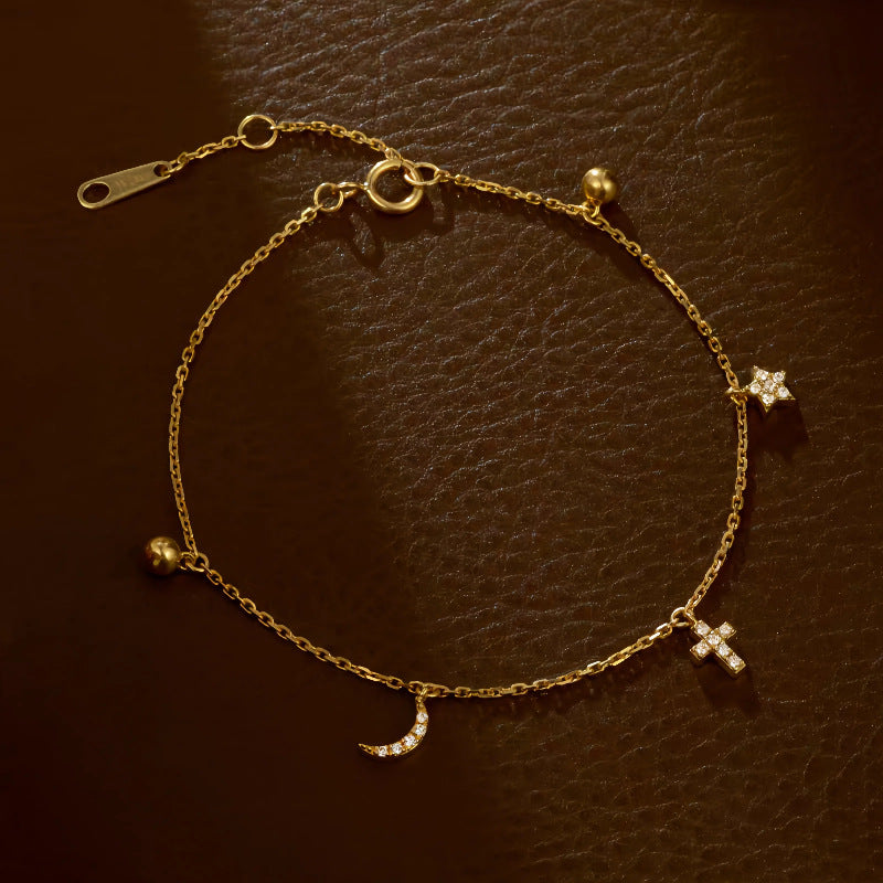S925 Sterling Silver Plated 16K Gold Star Moon Bracelet for Women, Niche Design, Ins Style, Star Moon Cross Personality Jewelry