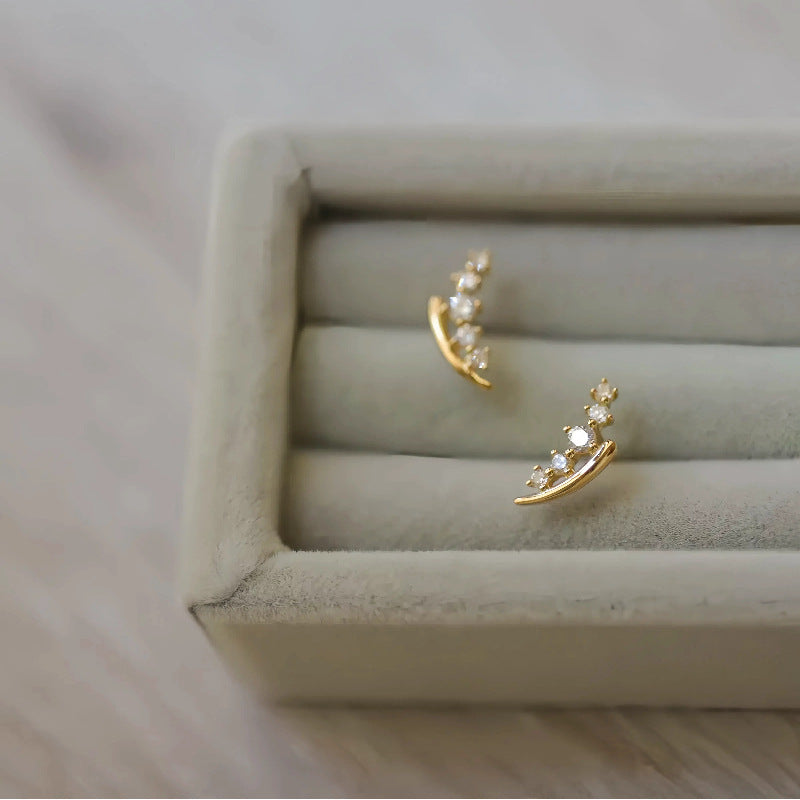 S925 Sterling Silver Plated 14K Gold Wheat Spike Gradient Diamond Curved Earrings