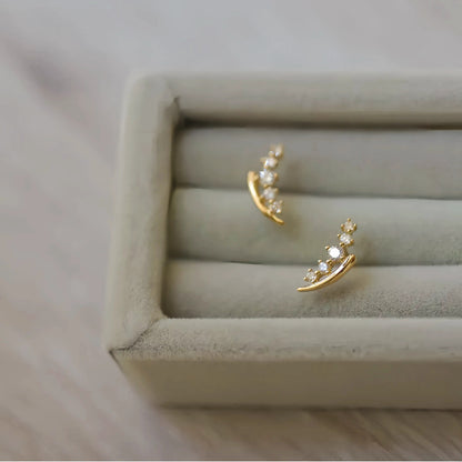 S925 Sterling Silver Plated 14K Gold Wheat Spike Gradient Diamond Curved Earrings