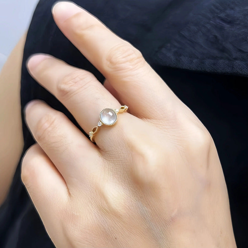 S925 Sterling Silver Plated 14K Gold Natural Ice White Chalcedony Ring
