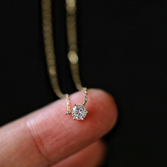 S925 Sterling Silver Plated 14K Gold Classic Single Diamond Necklace Six Claw Zircon Clavicle Chain