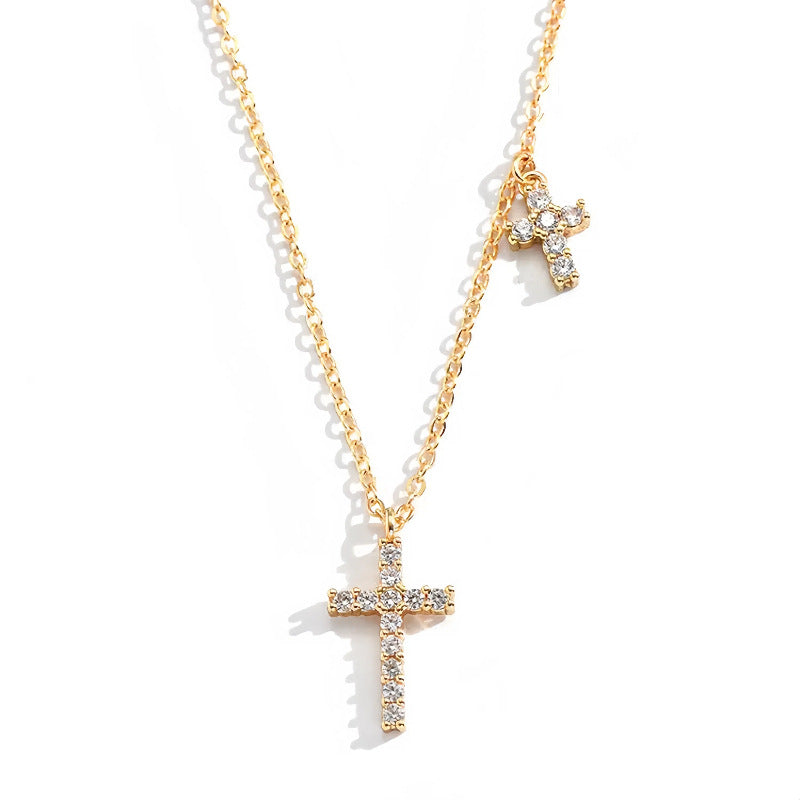 S925 Sterling Silver 14K Gold Plated Full Diamond Double Cross Necklace