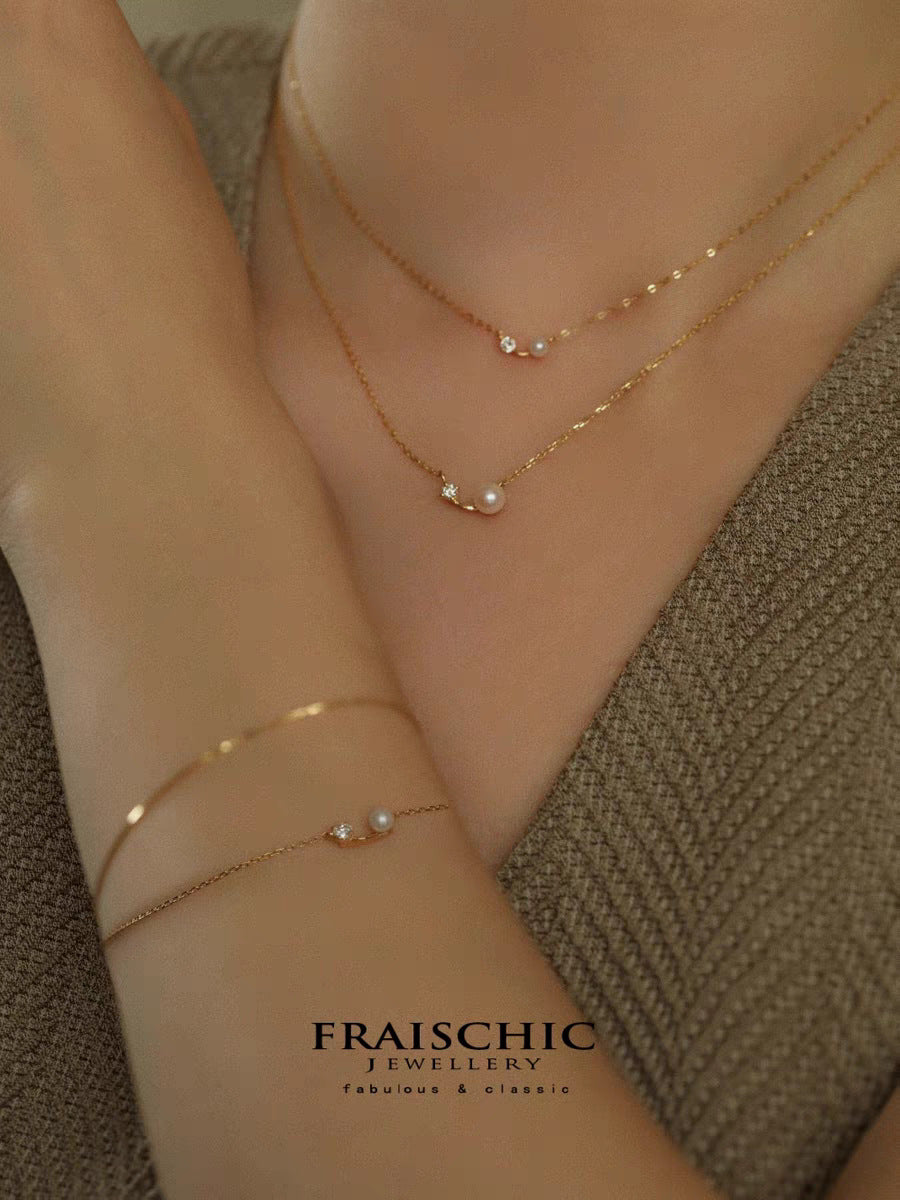 S925 Sterling Silver Plated 14K Gold Pearl Shell Bead Single Diamond Necklace