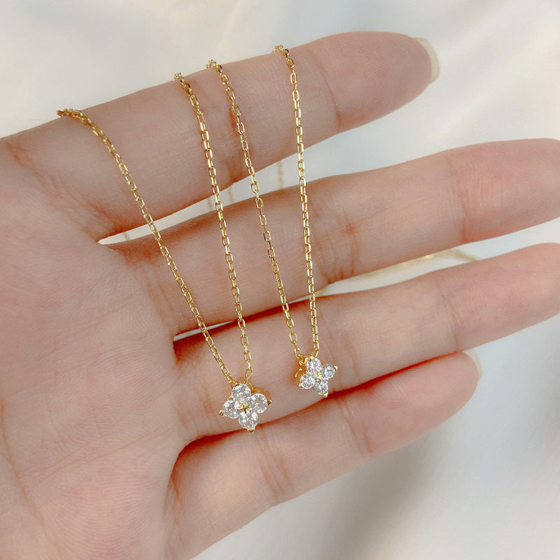 S925 Sterling Silver Plated 14K Zirconia Diamond Gold Classic Four-leaf Clover Collarbone Necklace