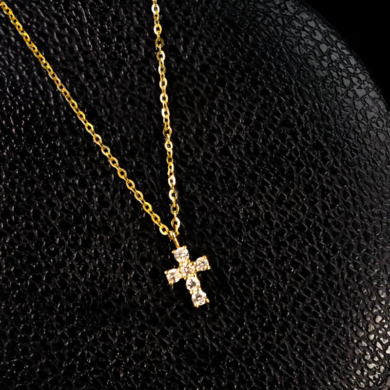 S925 Sterling Silver Plated 16K Gold Mini Diamond Cross Necklace
