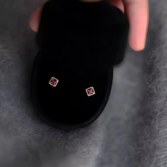 S925 Sterling Silver Plated 14K Gold Micro Inlaid Small Zirconia Ruby Stud Earrings