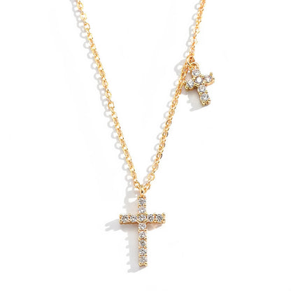 S925 Sterling Silver 14K Gold Plated Full Diamond Double Cross Necklace