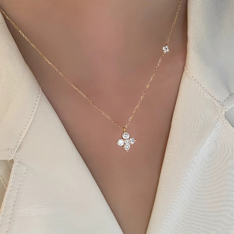 S925 Sterling Silver Plated 16K Gold Twin Four-leaf Clover Necklace