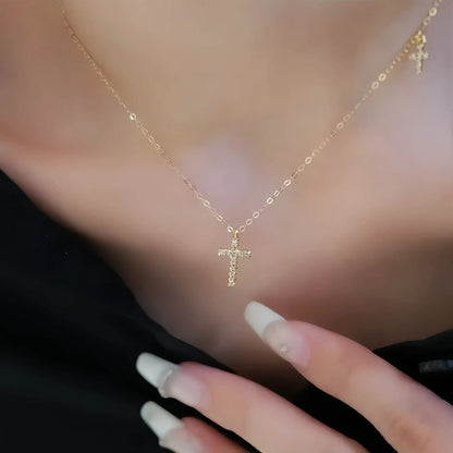 S925 Sterling Silver 14K Gold Plated Full Diamond Double Cross Necklace